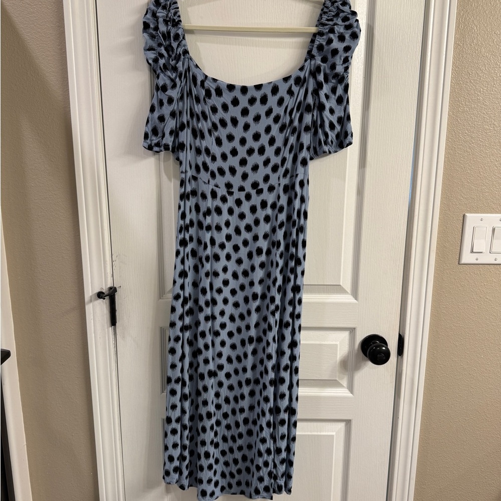 & Other Stories Blue and Black Midi Puff Sleeve Dress